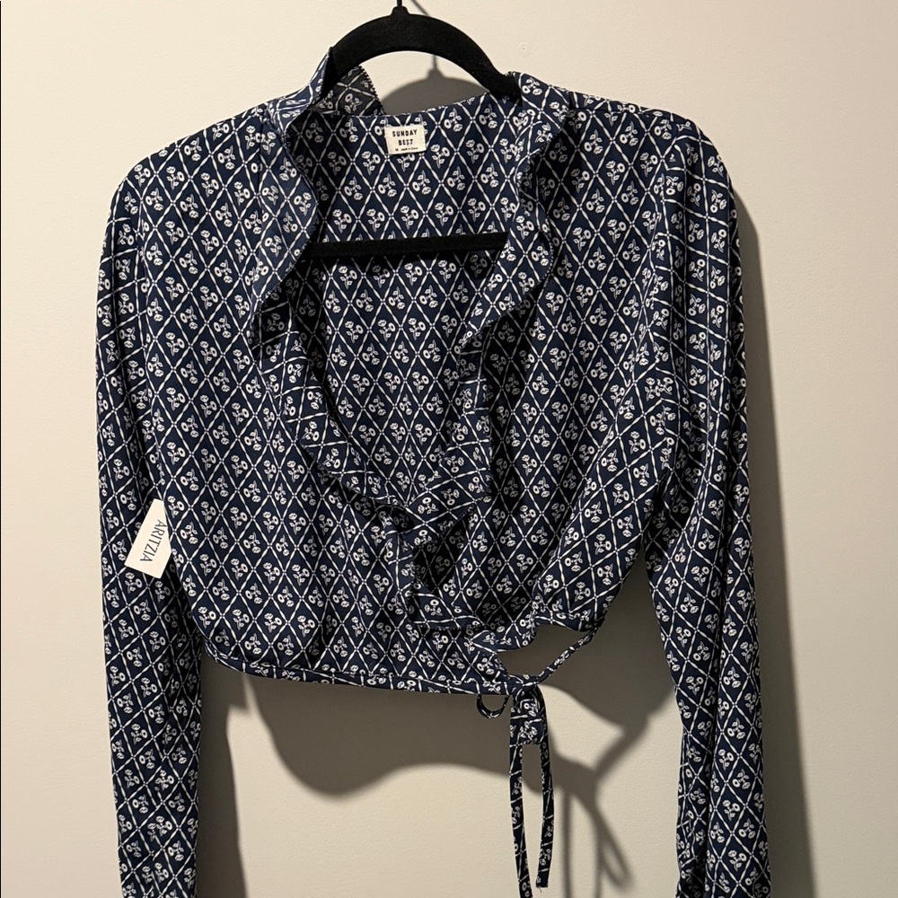 Sunday Best Navy & White Printed Wrap Crop Shirt